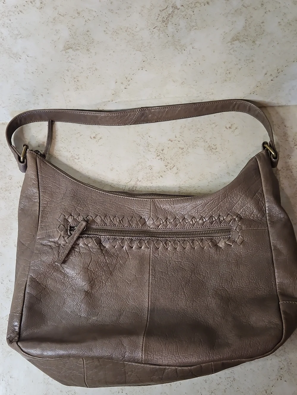 Women's Taupe Shoulder Bag with Woven Trim and Front Zip